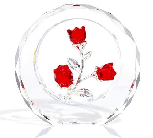 Rote Rose Blume Kristall Figur mit Vase – Blumenstrauß Blumen Ornament Geschenke für Frau Freundin Frauen – Handgefertigte Kristallblume Sammlerstück Home Tischdekoration für Valentinstag Hochzeitstag