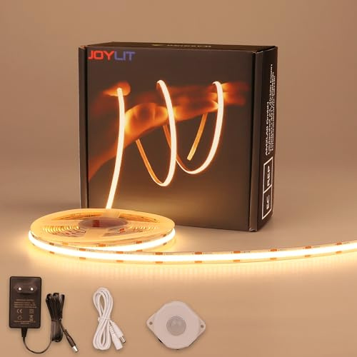 JOYLIT COB LED Streifen mit Bewegungsmelder 5M 3000K Warmweiss | Bewegung Aktiviert 12V LED Strip 320LEDs/M CRI 93 Selbstklebend Licht Band für Schrank,Küche,Wohnzimmer,Schlafzimmer,Treppe