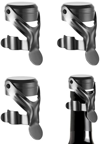 Huifoo Tappi Bottiglie vino 4 Pezzi, Tappi per Bottiglie Vino Spumante, Acciaio Inox Champagne Tappo, Tappo Vino Sottovuoto Riutilizzabile, Mantieni Fresco, per Vino Rosso, Champagne (Nero, 4 Pezzi)