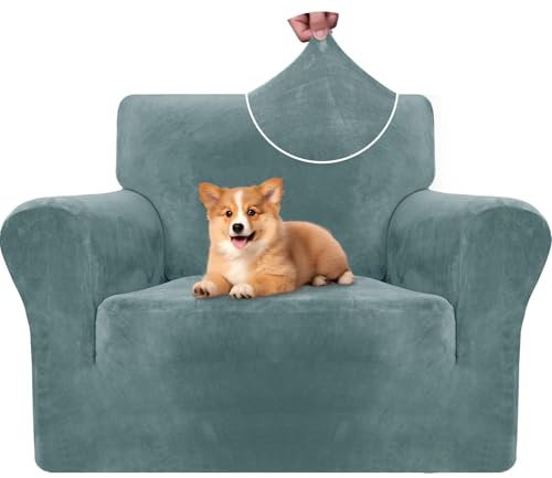CYCMACO Samt Sofa Überzug 1 Sitzer, Sesselhusse Elastische, Couch Überzug Haustier Katze Hunde, Universal Sofa Cover Moderne, Sofahusse Mit Armlehnen, Sofaschoner rutschfest, Grau Blau