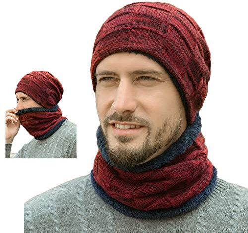Miya Herren/Junge Winter Mütze und Loopschal mit Teddyfell Strickmütze und Strickschal mit Fleecefutter, warme und weiche Winterausstattung, Ski Mütze und Schal Set, Skiausrüstung in weinrot