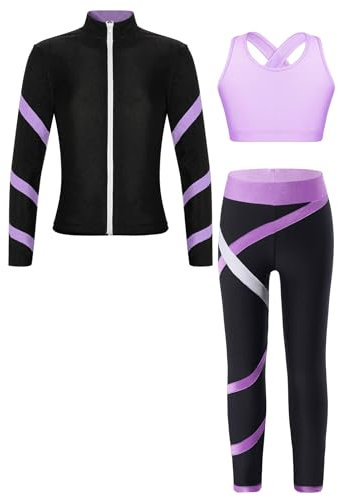YiZYiF Kinder Eiskunstlauf Anzug Mädchen 3er Sport Oufit Langarmjacke Crop Tank Top Und Leggings Set Eislaufen Trainingsoutfit Tanzanzug Lavendel_N 170