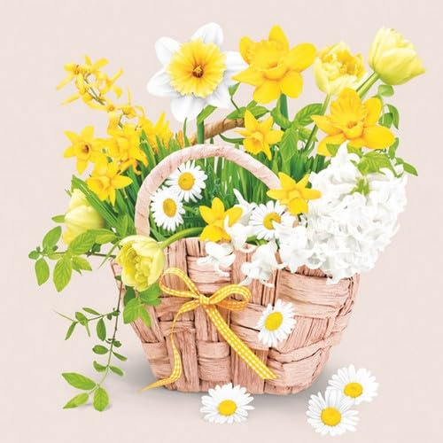 20 Servietten Frühling Korb voller Frühlingsblumen als Tischdeko. Papierservietten mit Motiv. Auch für Decoupage und Serviettentechnik 33x33cm