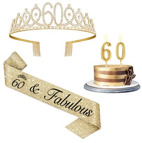 60th Birthday Decorations for Women Gold with Sash and Tiara, Gold Number Candles, 60th Birthday Gifts for Women