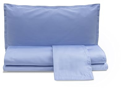 zer0bed, Set Lenzuola Matrimoniali in Raso Di Cotone in Tinta Unita, Azzurro Cielo, 100% Raso di Cotone, Lenzuolo Sopra, Lenzuolo Con Angoli, Coppia Federe 4 Volani