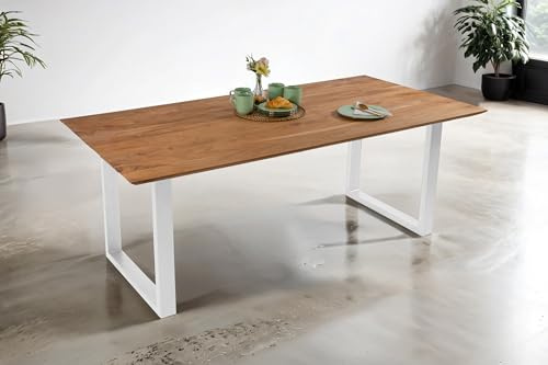 SAM Esstisch Dean 200x100 cm Akazie Eiche Schweizer Kante U-Gestell weiß | Massivholztisch, Akazienholz eichefarben, Metallgestell, pflegeleichter Holztisch, Esszimmertisch