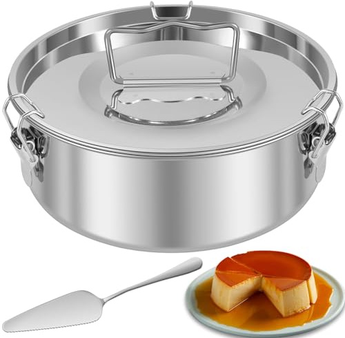 Molde de flan con tapa, sartén de acero inoxidable de 1.5 cuartos de galón con asa, para hornear flan con espátula, bandeja redonda para hornear flan para 6-8 cuartos de galón, preparación rápida de
