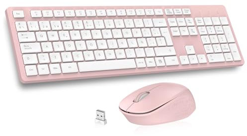 LeadsaiL K786 Teclado y Raton Inalámbrico QWERTY Español, 2.4G Pack Teclado Raton Inalambrico, Ergonómico, Receptor USB 2 en 1, Tamaño Completo Teclado y Mouse para Mac, PC, Ordenador Portátil-Rosa