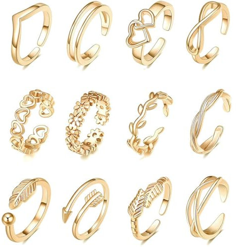 GXGM Zehenringe für Damen, offene, verstellbare Bandringe, Schmuckset, Gold, 12 Stück