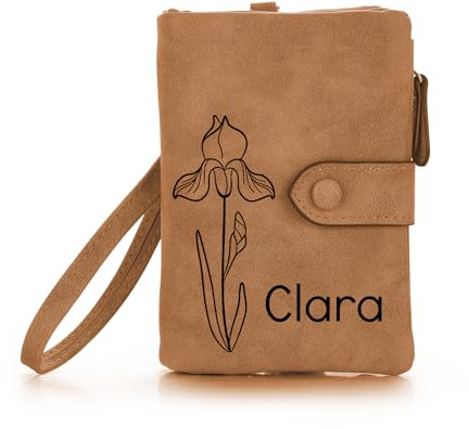 OTXIXTO Billeteras de Cuero Personalizadas para Mujer Flor de Nacimiento Billetera con Nombre con Cremallera Monedero con Correa para Muñeca Damas Billetera para Novia Esposa Día de Madre - Marrón