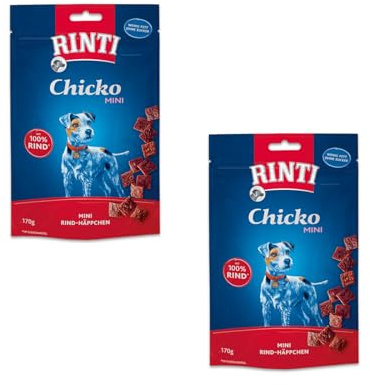 Rinti Extra Chicko Mini Rind | Doppelpack | 2 x 170 g | Ergänzungsfuttermittel für ausgewachsene Hunde | Herzafte Mini Häppchen | Aus frischem mageren Rindfleisch zubereitet