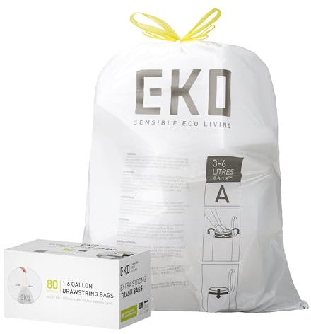 EKO Müllbeutel Größe A (3L- 6L), extra starke Müllsäcke mit Zugband für Küche und Bad, 80 Beutel, 1 Packung, weiß, klein, Geeignet für Mülleimer mit 3L, 4L, 5L, 6L