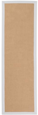 carpetfine Sisalteppich Läufer Naturfarbe 80x400 cm handgewebt mit Bordüre aus Baumwolle in Weiß | Rutschfester Flachgewebe Teppichläufer Uni aus Naturfasern für Wohnzimmer, Schlafzimmer