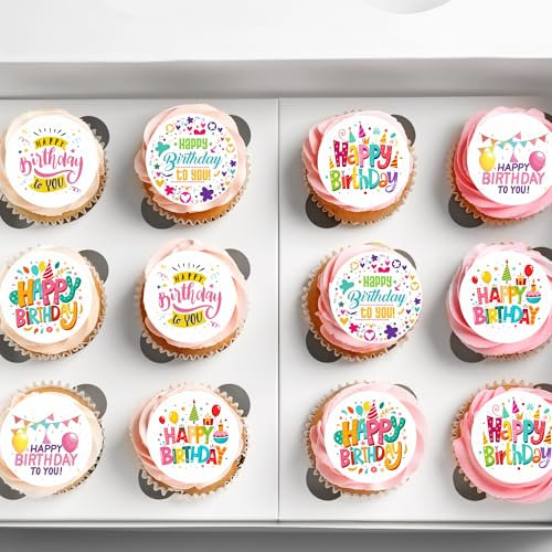 24 x Pre-Cut Happy Birthday Theme Edible Wafer Rice Paper Cupcake Toppers Cake Decorations