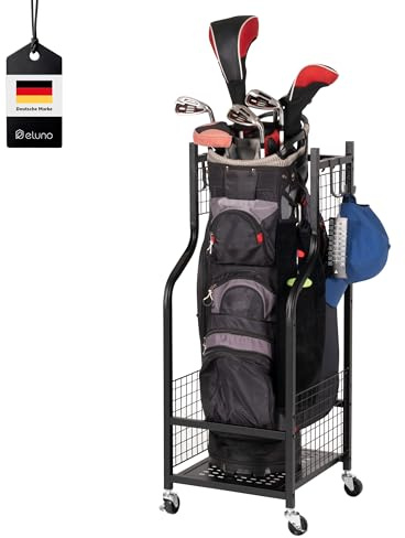 eluno Golftaschen-Organizer, stabiles Standregal mit extra Haken, Aufbewahrungsregal passend f�r 1 Golftasche und Golfausr�stungszubeh�r, Golftaschenhalter, aus schwarzem Stahl