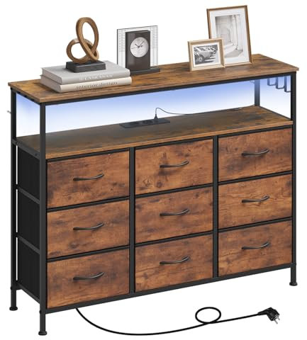 WOLTU Comò 9 Cassetti, Mobile Contenitore con Multipresa e Illuminazione LED, Cassetti in Tessuto, 3 Ganci Laterali, Struttura in Metallo, 110x30x83,5 cm, Marrone Rustico + Nero