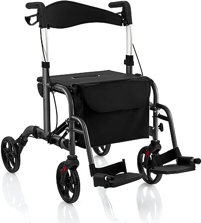 FANTASK 2 in 1 Rollator faltbar 6-fach höhenverstellbar, Gehwagen mit Rollstuhl & Reiserollator Leichtgewicht, Gehhilfe mit Tasche & Bremsen & Stockhalter, Aluminium (schwarz)