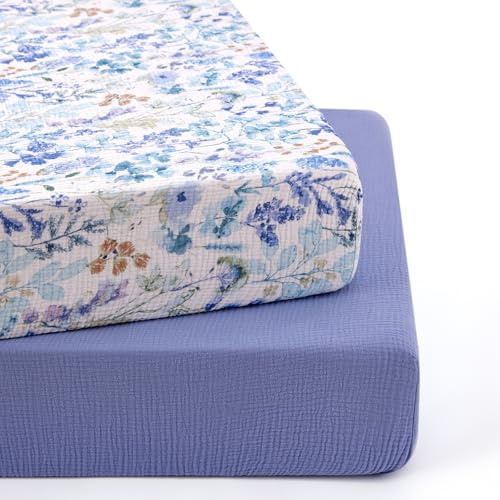 TILLYOU Musselin Spannbettlaken 2er Set Bettlaken Kinderbett 70x140 cm 100% Baumwolle Spannbettlaken Baby, Blaue Blumen