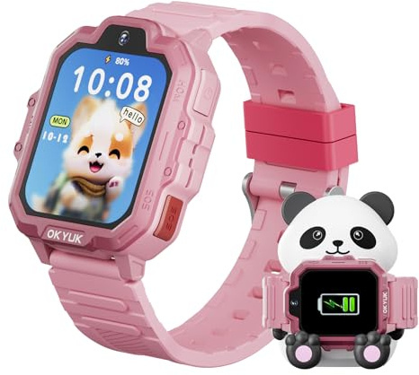 OKYUK T17 4G smartklocka för barn, GPS-klocka för barn, videosamtal, SOS-nödsamtal, röstchatt, SMS, skolläge, spel och panda laddningsstation, klocka för flickor och pojkar (rosa)