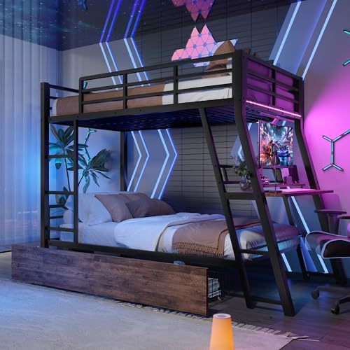 Etagenbett Kinderbett 90x200, Hochbett für 2 Kinder, Metallbett mit LED-Leiste&2 Schubladen&Schreibtisch, Stockbett Doppelbett Jugendbett Funktionsbett mit Rausfallschutz&Leiter, Ohne Matratze,Schwarz