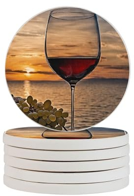 (Sunset Wine Glass) 6 pcs Personalized Diatomite Coasters Set Diatomaceous Earth Drink Bottle Coffee Coasters Cup Mats Home Coffee Bar Table Decor Accessories