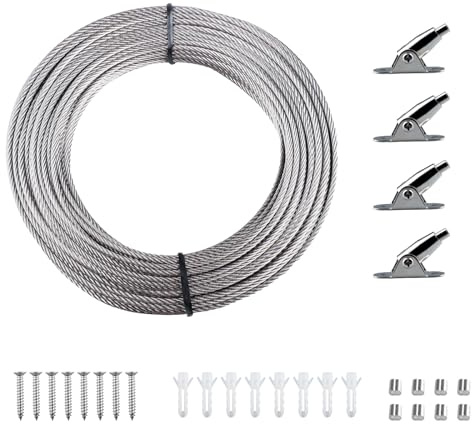 ZoZoMaiy 20M Edelstahl Drahtseil 2mm Vorhang Seilspannsystem Einstellbar Stahlseil Gardinen Seilsystem mit 4 Montage Klemme und Schraubenzubehör für Gardinen, Bilder, Lampe, Rostfrei