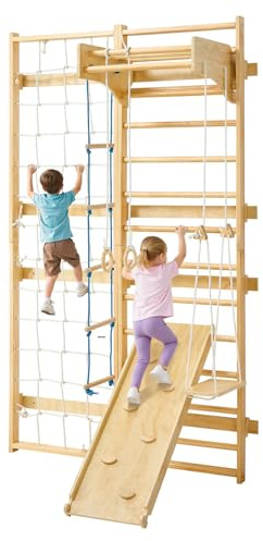 VEVOR Escalera Sueca de Gimnasio con Barras de Madera Maciza 12 Niveles Juego de Escalada Capacidad de 100 kg Montaje de Pared con Anillas de Gimnasio, Tobogán, Columpio para Hogar, Sala de Juegos