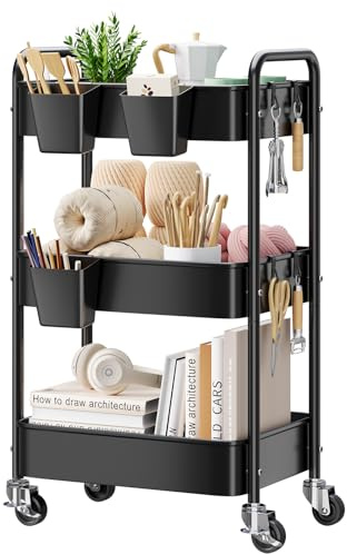 3 Tier Heavy Duty Metal Rolling Storage Cart Organizer with Wheels, Black