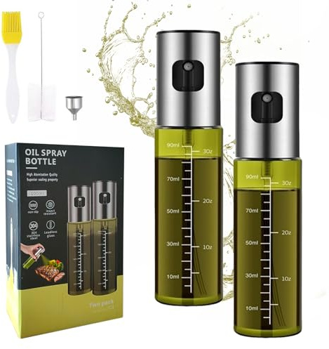 VesperaMirage Ölsprüher 2er Set 100ml, Glas, Edelstahl, Sprühflasche | Für Speiseöl, Essig, Olivenöl. Heißluftfritteuse, Airfryer, Grill, Backen, Salat. Anti-Tropf, auslaufsicher, inkl. Trichter.