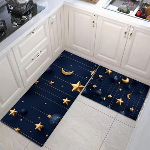 MULERN Küchenteppich Läufer 2 Stück, Weihnachtsdekorationen Sterne Mond rutschfest Waschbar Küchenläufer, Anti-Müdigkeit Küchenmatte, Weich Teppich für Küche Flur Marineblau, 43x75cm+43x150cm