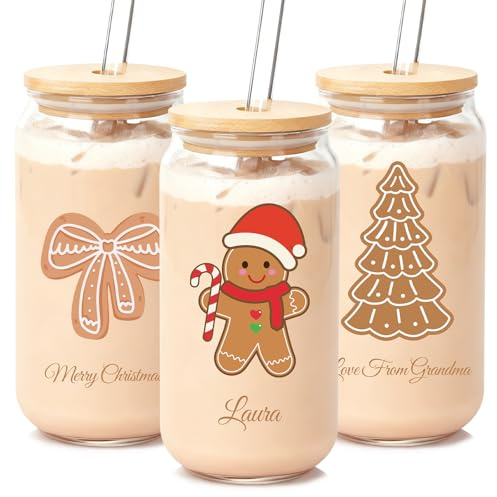 Mason Life Personalisierter Weihnachtsbecher aus Glas mit Lebkuchenmann – Glasbecher mit Personalisierte Namen, 18 oz, für Heiße Schokolade, Festliches, Einzigartiges