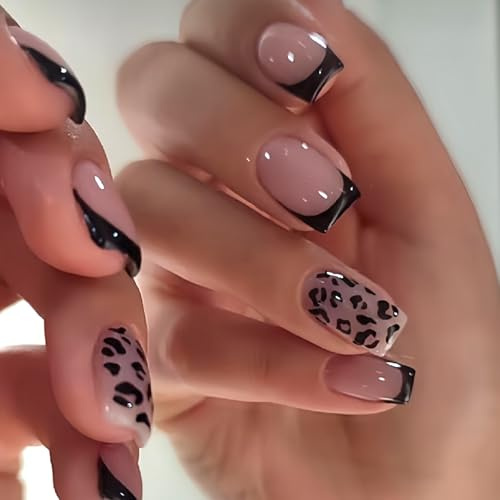 Viugex 24 Stück Nägel zum Aufkleben Kurz Eckig, Nude Rosa Press on Nails mit Leopardenmuster, Schwarz French Acryl Fake Nails, Ballerina Künstliche Nägel für Frauen Mädchen Nail Art