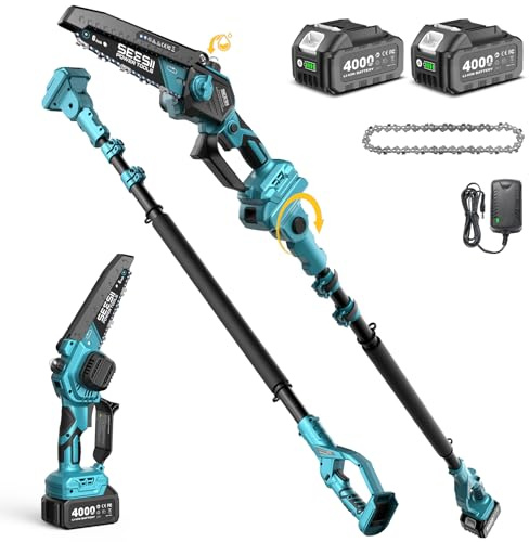 SEESII 2-in-1 Electric Pole Saws: Brushless Mini Chainsaw Cordless 6 Inch, 2 x 4000mAh Batteries, Pole Saw for Tree Trimming,Hand held Chain Saw with Extension Pole for Tree Limb Branch Cutter,P6 Ace
