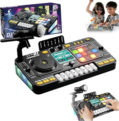 Kids DJ Mixer Table, DJ Mischpult für Kinder, Interaktives DJ-Pult mit Mikrofon, Bluetooth, Lichteffekten, Klaviertasten und Turntable, USB-aufladbar, Geschenk für Jungen Mädchen 3+ Jahre (Schwarz)