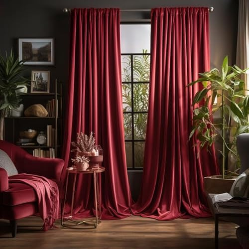 Rosnek 2er Set Samtvorhang mit Kräuselband, 3 Montage Verdunkelungsvorhang, Wohnzimmer Blackout Curtains, Thermovorhang, Schalldämmend & Kälteschutz für Schlafzimmer Wohnzimmer, B132 x H213cm, Rot