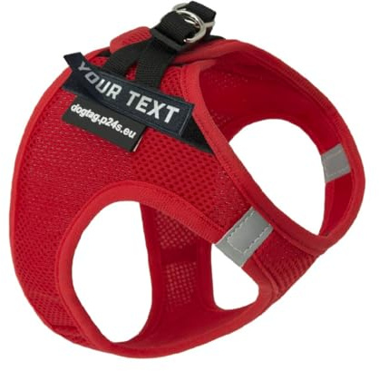 P24S Step-In Hundegeschirr Air-Mesh für Kleine Hunde (34-72cm Brust) + 2 Gratis Personalisierte Klett-Patches & Digital Dogtag (Rot, M: 55-61 cm)