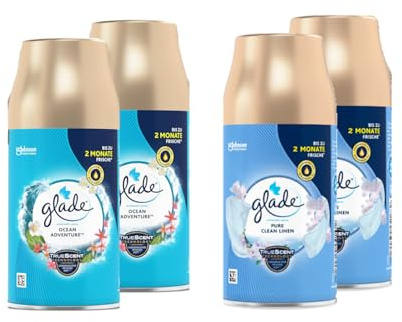 Glade Automatic Spray Nachfüller Mix 4 Stück je 269 ml, Ocean Adventure & Clean Linen, Lufterfrischer Nachfüllpack für Duftspender, Raumduft Set