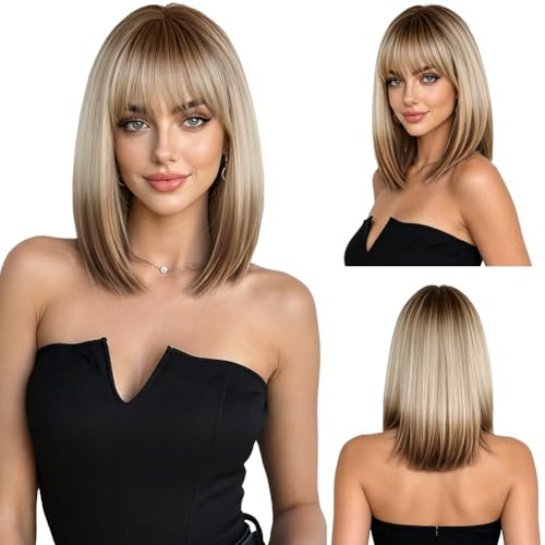 Aomig Gewellte Perücke Damen, 2Pcs Perücke mit Pony, Perücken Haarteile | Synthetische Neon Perücke Frauen Wig mit haarnetz für Halloween Cosplay Party Karneval Fasching Nachtclub Tanzen