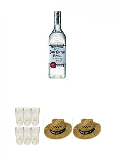 Jose Cuervo Especial Silver 0,7 Liter + Jose Cuervo Shot Glas mit Limettenhalter - 6 Stück + Jose Cuervo Strohhut (Who`s in) 1 Stück + Jose Cuervo Strohhut (Who`s in) 1 Stück