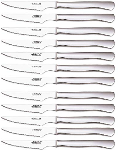 Arcos Serie Cuchillos de Mesa Caja 12 uds Cuchillo Chuletero, Hoja Serrada de Acero Inoxidable de 110 mm, Cuchillo Monoblock Acero Inoxidable Color plata (12 UDS)