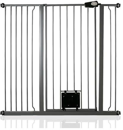 Bettacare Djurgård med Låsbar Kattlucka, 113.8 cm - 121.4 cm, Skiffergrå, 104 cm i Höjd, Extra Hög Hundskyddsbarriär med Kattlucka, Enkel Installation