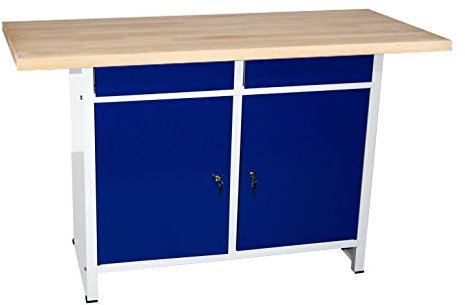 Szagato Werkbank für Werkstatt mit Schubladen und Flügeltüren HxBxT: 84x150x60cm, 2 Schubladen, 2 Flügeltüren abschließbar, lichtgrau/blau (Werktisch Arbeitstisch Mehrzwecktisch)