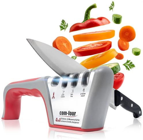 COM-FOUR® Affilacoltelli Premium con 4 livelli, adatto anche per forbici - affilacoltelli manuale professionale con pratico manico e rivestimento antiscivolo (1 pezzo - color argento. Grigio. rosso)