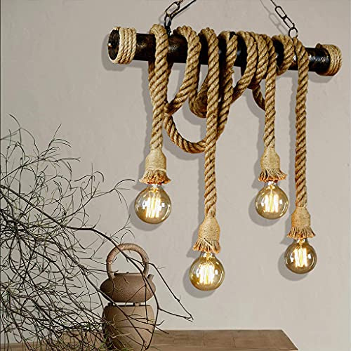 Vintage Hanfseil Pendelleuchte Retro Industrial E27 Loft Hängelampe Eisen Decke Kronleuchter Höhenverstellbar Handgewebt Pendellampe Cafe Bar Küche Restaurant Deckenlampe Beleuchtung