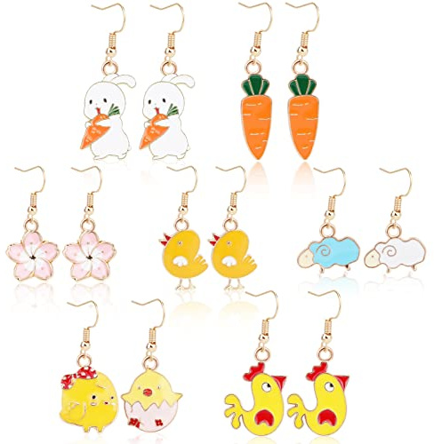 DPKOW 7 Pairs Easter Earrings Pendant Set, Dangle Earrings with Bunny, Chick, Rooster, Sheep, Carrot, Pink Flowers Designs, Stainless Steel, Perfect for Women, Ladies, Girls, Gift