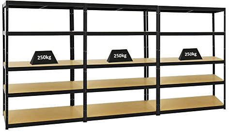 PROREGAL Mega Deal 3er-Set Schwerlastregale Big Elephant 180x120x60cm mit 5 Ebenen Fachlast 250kg Schwarz
