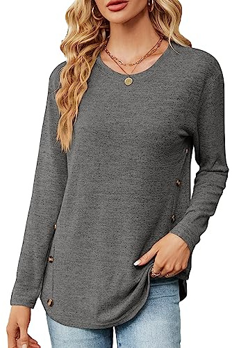 Décontracté Chemisier Femme, Ample Chemisier à Col Rond Tops, T-Shirt à Manches Longues pour Femmes, Couleur Unie Blouse Mode T-Shirt Chic et Élégant Tunique Tops avec Boutons décoratifs