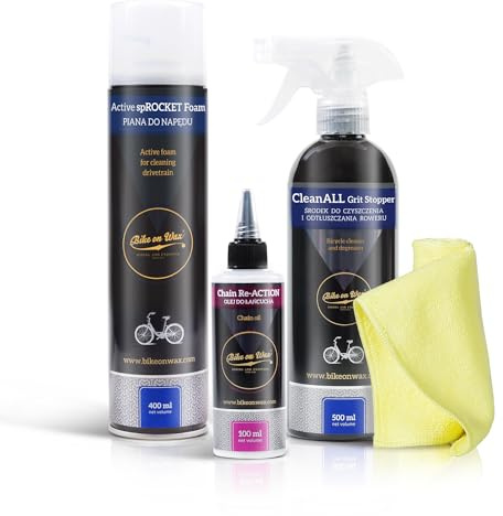 BIKE on Wax 3-teiliges Fahrradpflege-Set, Clean and Smooth, spROCKET Foam, Chain Re-ACTION Oil, CleanALL Grit Stopper, Reinigungstuch, Zum Schmieren & Reinigen von Lagern, Bowdenzügen, Pedalen