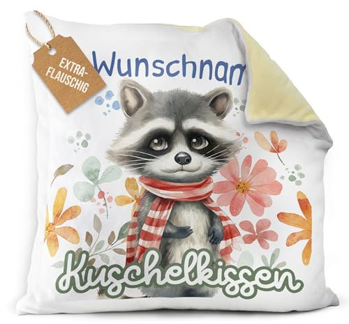 Print Royal PR Flauschiges Kuschel-Kissen für Kinder mit Füllung mit Name selbst gestalten - Waschbär Kissen für Mädchen und Jungs, Kinderkissen mit Name | 40 x 40 cm, Rückseite Gelb Flauschig