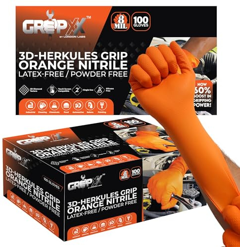 GRIPXX Herkules Grip Heavy Duty 8Mil Orange Nitrile Gloves,3D Raised Diamond Texture-Latex & Powder Free-Industrial, Mechanic (2, X-Large)